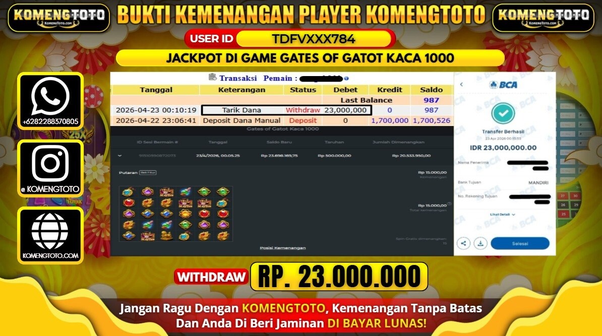 LAGI & LAGI!! KEMENANGAN BESAR DI SLOT  GATES OF GATOT KACA 1000  SEBESAR Rp.23.000.000 KOMENGTOTO BAYAR LUNAS SECEPAT KILAT !! KOMENGTOTO BAYAR SECEPAT KILAT !!