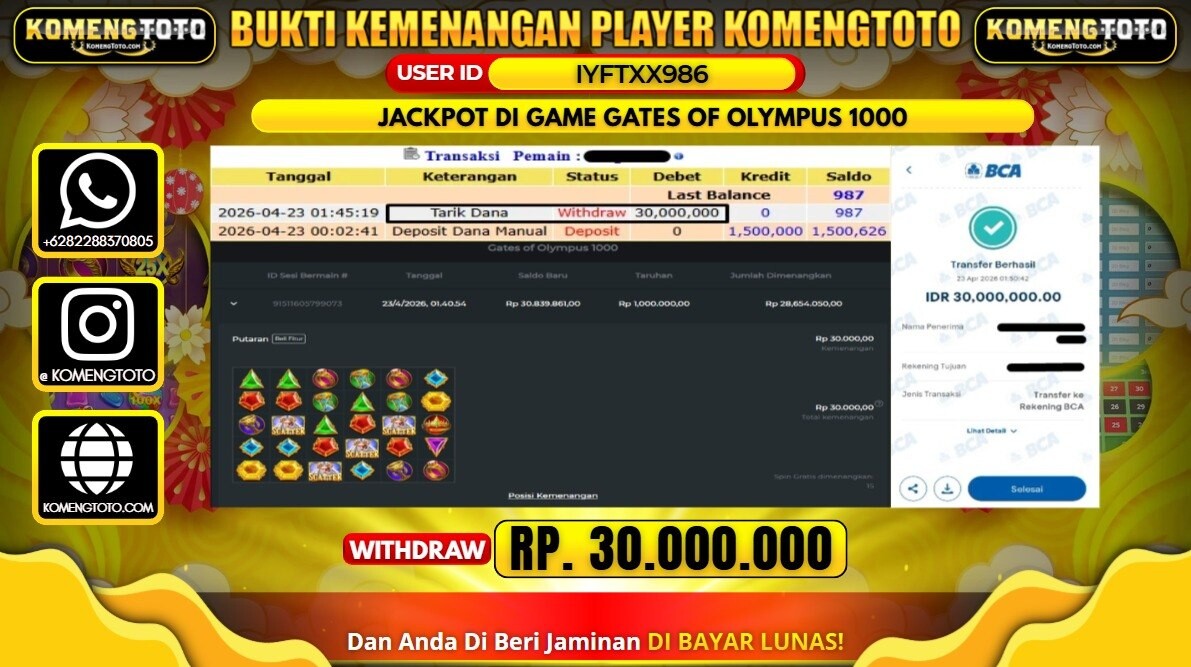 LAGI & LAGI!! KEMENANGAN BESAR DI SLOT GATES OF OLYMPUS 1000 SEBESAR Rp.30.000.000 KOMENGTOTO BAYAR LUNAS SECEPAT KILAT !! KOMENGTOTO BAYAR SECEPAT KILAT !!