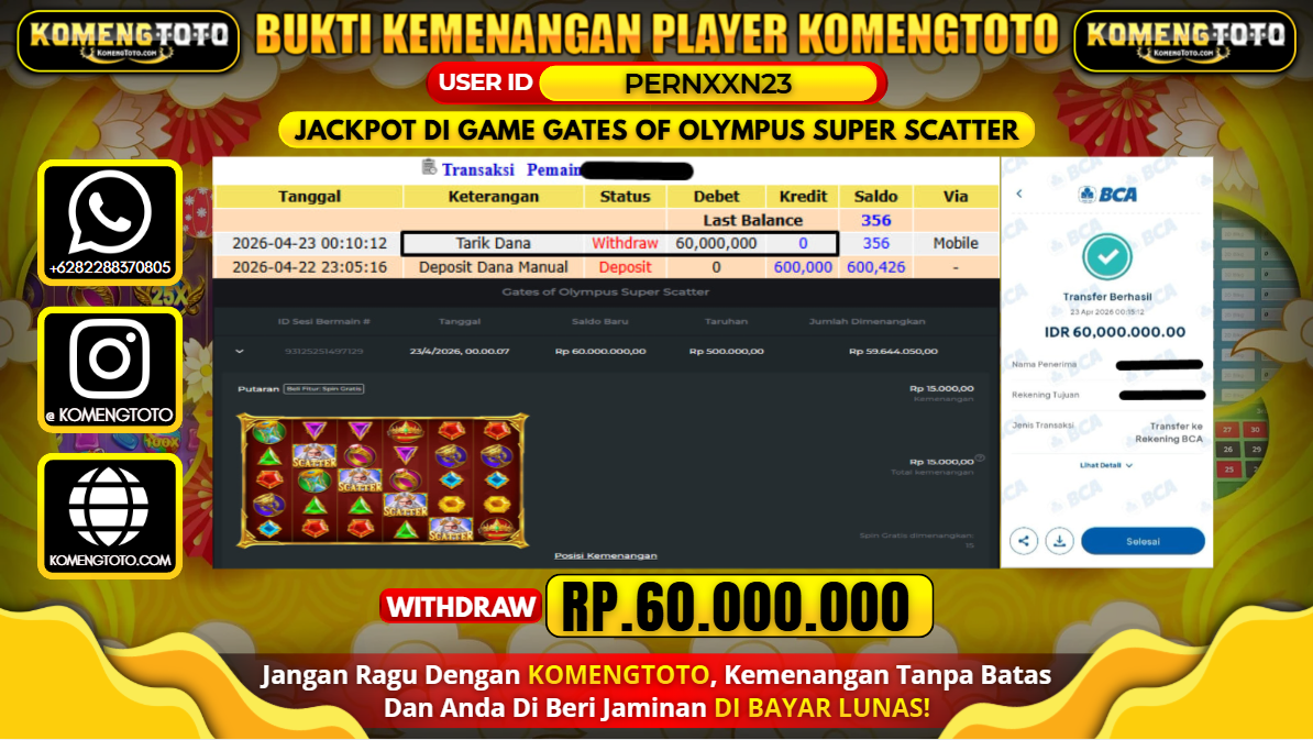 LAGI & LAGI!! KEMENANGAN BESAR DI SLOT  GATES OF OLYMPUS SUPER SCATTER SEBESAR Rp.60.000.000 KOMENGTOTO BAYAR LUNAS SECEPAT KILAT !! KOMENGTOTO BAYAR SECEPAT KILAT !!