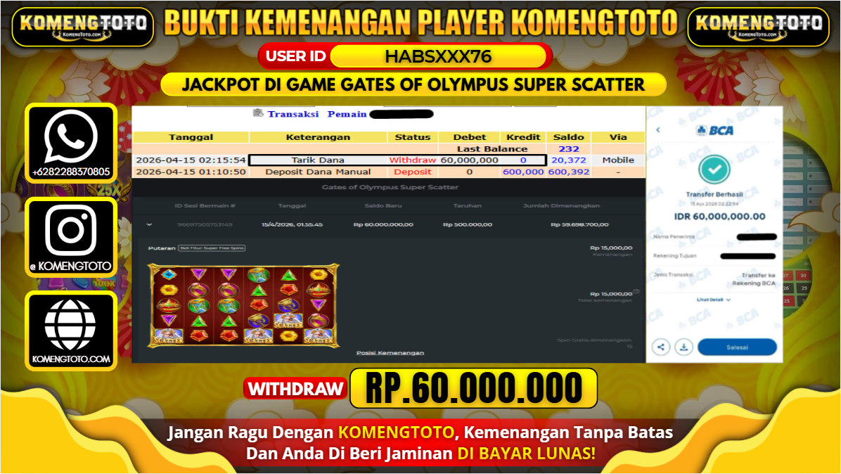 LAGI & LAGI!! KEMENANGAN BESAR DI SLOT GATES OF OLYMPUS SUPER SCATTER SEBESAR Rp.60.000.000 KOMENGTOTO BAYAR LUNAS SECEPAT KILAT !! KOMENGTOTO BAYAR SECEPAT KILAT !!