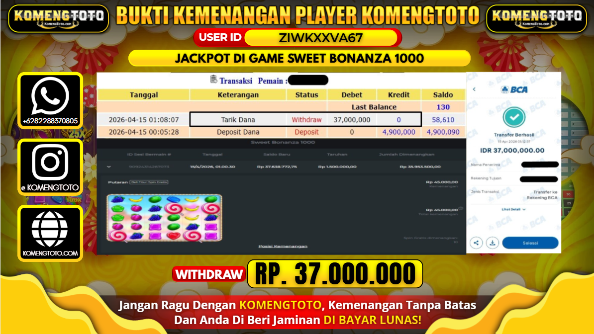 LAGI & LAGI!! KEMENANGAN BESAR DI SLOT SWEET BONANZA 1000 SEBESAR Rp.37.000.000 KOMENGTOTO BAYAR LUNAS SECEPAT KILAT !! KOMENGTOTO BAYAR SECEPAT KILAT !!