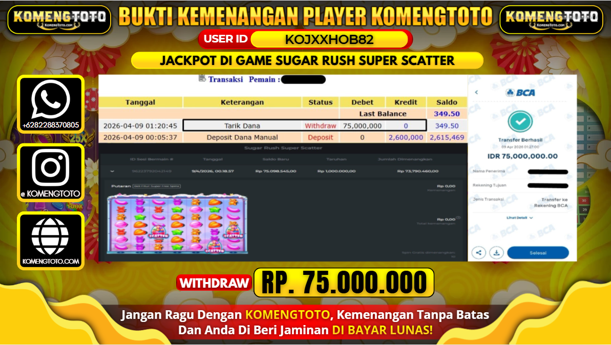 LAGI & LAGI!! KEMENANGAN BESAR DI SLOT SUGAR RUSH SUPER SCATTER SEBESAR Rp.75.000.000 KOMENGTOTO BAYAR LUNAS SECEPAT KILAT !! KOMENGTOTO BAYAR SECEPAT KILAT !!