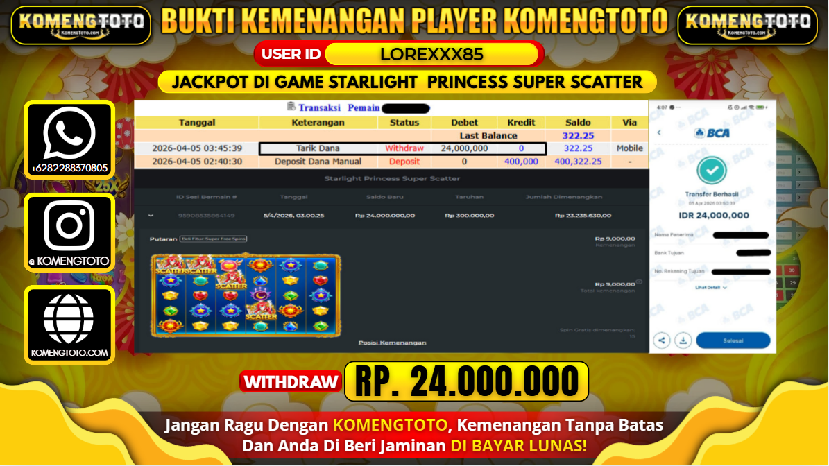 LAGI & LAGI!! KEMENANGAN BESAR DI SLOT  STARLIGHT  PRINCESS SUPER SCATTER SEBESAR Rp.24.000.000 KOMENGTOTO BAYAR LUNAS SECEPAT KILAT !! KOMENGTOTO BAYAR SECEPAT KILAT !!