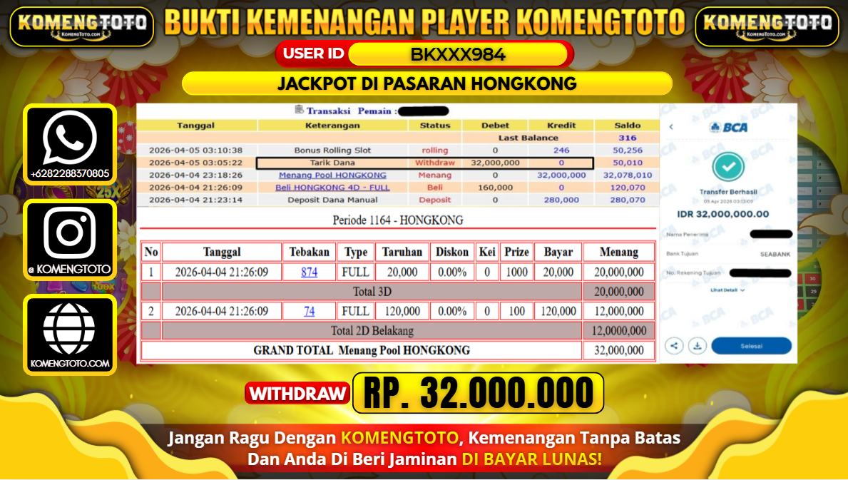 LAGI & LAGI!! KEMENANGAN BESAR DI PASARAN HONGKONG  SEBESAR Rp.32,000.000 KOMENGTOTO BAYAR LUNAS SECEPAT KILAT !! KOMENGTOTO BAYAR SECEPAT KILAT !!