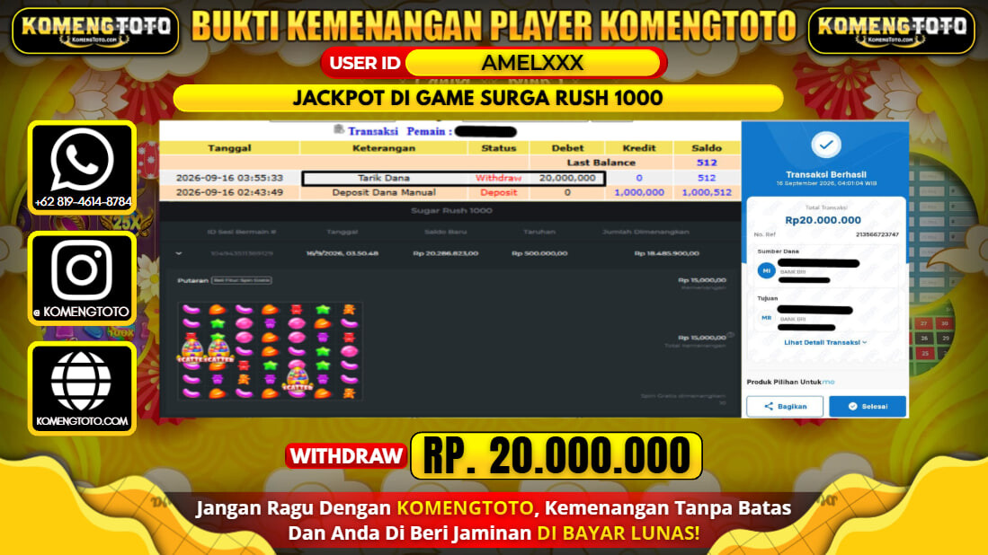 LAGI & LAGI!! KEMENANGAN BESAR DI SLOT  URGA RUSH 1000  Rp. 20.000.000 KOMENGTOTO BAYAR LUNAS SECEPAT KILAT !! KOMENGTOTO BAYAR SECEPAT KILAT !!