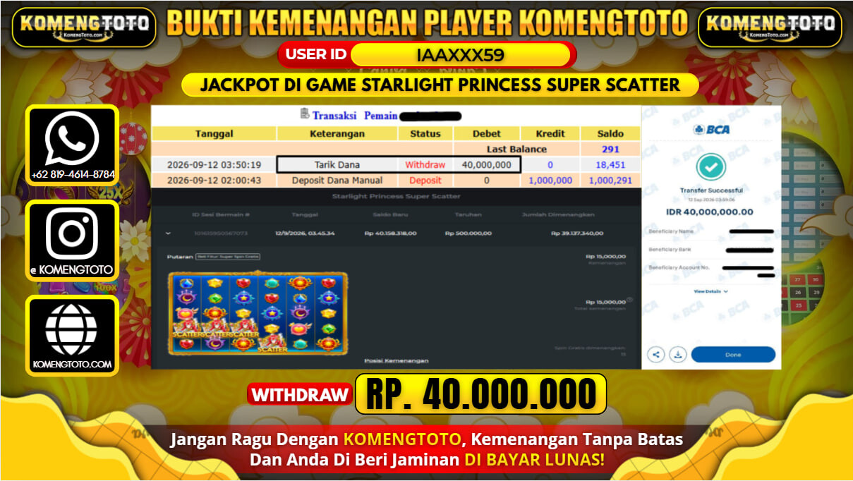 LAGI & LAGI!! KEMENANGAN BESAR DI SLOT STARLIGHT PRINCESS SUPER SCATTER Rp. 40.000.000 KOMENGTOTO BAYAR LUNAS SECEPAT KILAT !! KOMENGTOTO BAYAR SECEPAT KILAT !!