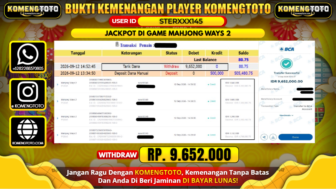 LAGI & LAGI!! KEMENANGAN BESAR DI SLOT MAHJONG WAYS 2  Rp. 9.652.000 KOMENGTOTO BAYAR LUNAS SECEPAT KILAT !! KOMENGTOTO BAYAR SECEPAT KILAT !!