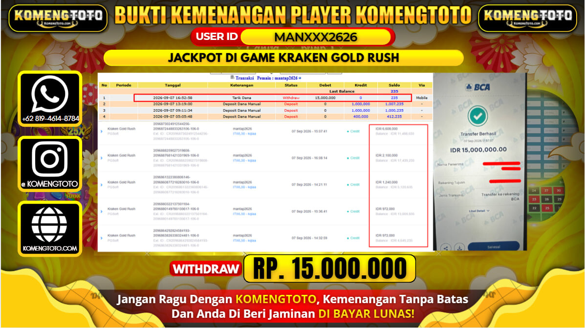 LAGI & LAGI!! KEMENANGAN BESAR DI SLOT KRAKEN GOLD RUSH SEBESAR Rp.15.000.000 KOMENGTOTO BAYAR LUNAS SECEPAT KILAT !! KOMENGTOTO BAYAR SECEPAT KILAT !!