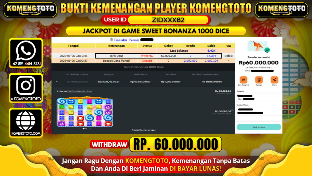 LAGI & LAGI!! KEMENANGAN BESAR DI SLOT  SWEET BONANZA 1000 DICE Rp. 60.000.000 KOMENGTOTO BAYAR LUNAS SECEPAT KILAT !! KOMENGTOTO BAYAR SECEPAT KILAT !!