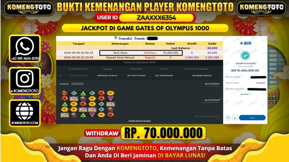 LAGI & LAGI!! KEMENANGAN BESAR DI SLOT  GATES OF OLYMPUS 1000 Rp. 70.000.000 KOMENGTOTO BAYAR LUNAS SECEPAT KILAT !! KOMENGTOTO BAYAR SECEPAT KILAT !!