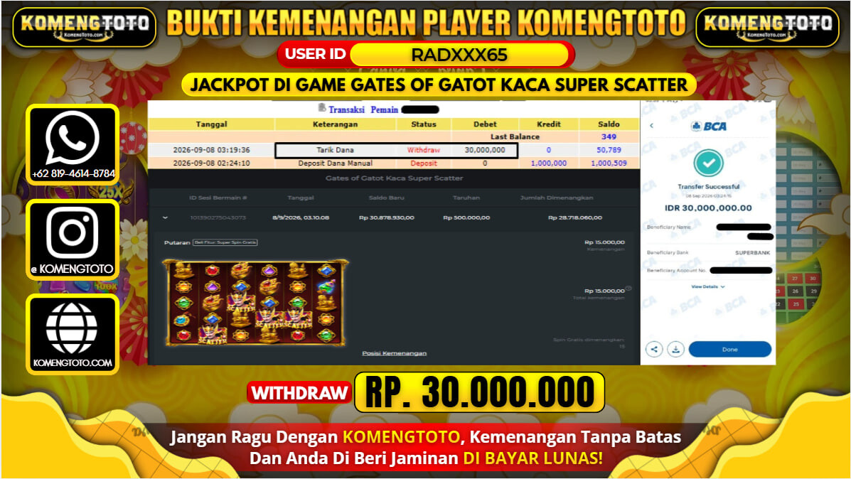 LAGI & LAGI!! KEMENANGAN BESAR DI SLOT  GATES OF GATOT KACA SUPER SCATTER  Rp. 30.000.000 KOMENGTOTO BAYAR LUNAS SECEPAT KILAT !! KOMENGTOTO BAYAR SECEPAT KILAT !!