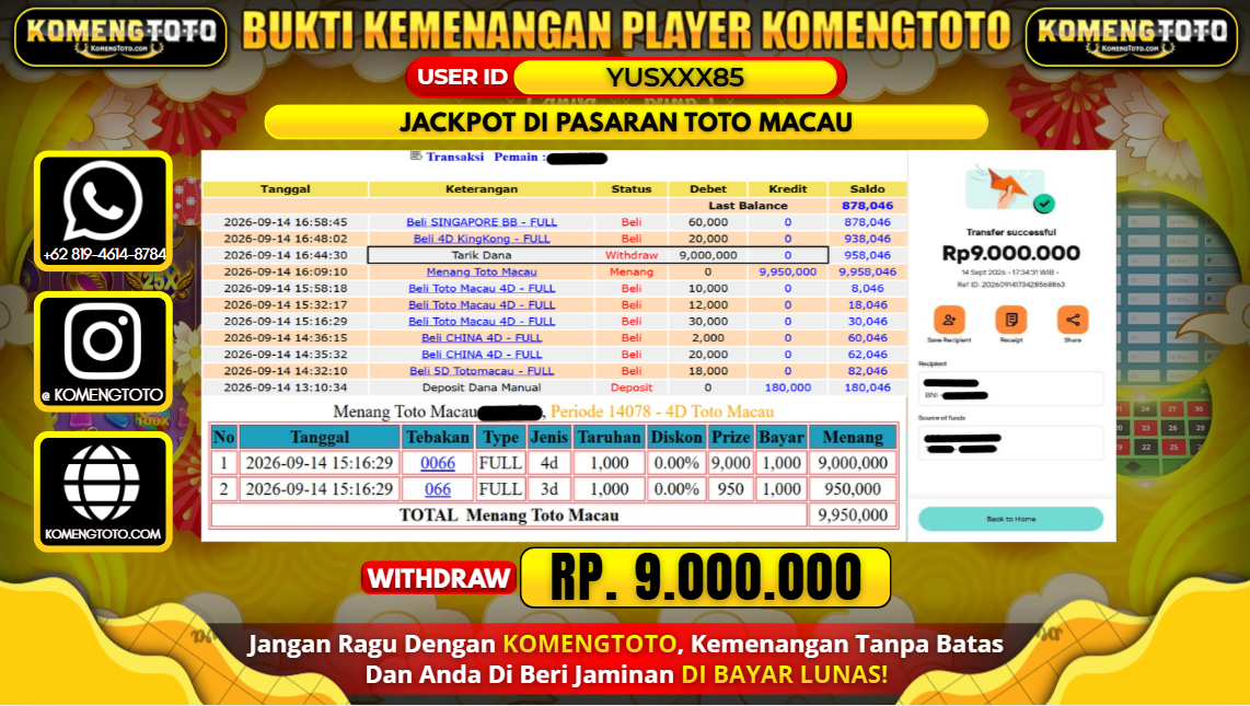 LAGI & LAGI!! KEMENANGAN BESAR DI PASARAN TOTO MACAU  Rp. 9.000.000 KOMENGTOTO BAYAR LUNAS SECEPAT KILAT !! KOMENGTOTO BAYAR SECEPAT KILAT !!