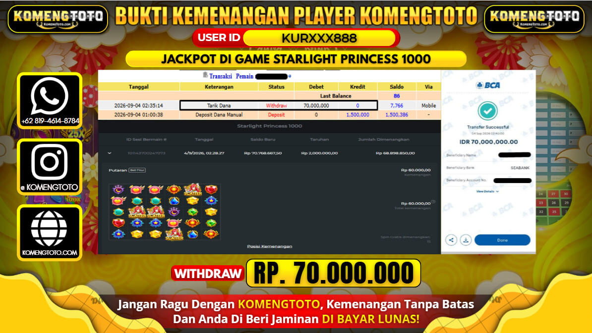 LAGI & LAGI!! KEMENANGAN BESAR DI SLOT STARLIGHT PRINCESS 1000 Rp. 70.000.000 KOMENGTOTO BAYAR LUNAS SECEPAT KILAT !! KOMENGTOTO BAYAR SECEPAT KILAT !!