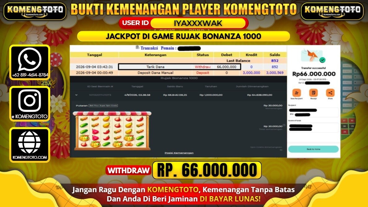 LAGI & LAGI!! KEMENANGAN BESAR DI SLOT RUJAK BONANZA 1000 Rp. 66.000.000 KOMENGTOTO BAYAR LUNAS SECEPAT KILAT !! KOMENGTOTO BAYAR SECEPAT KILAT !!