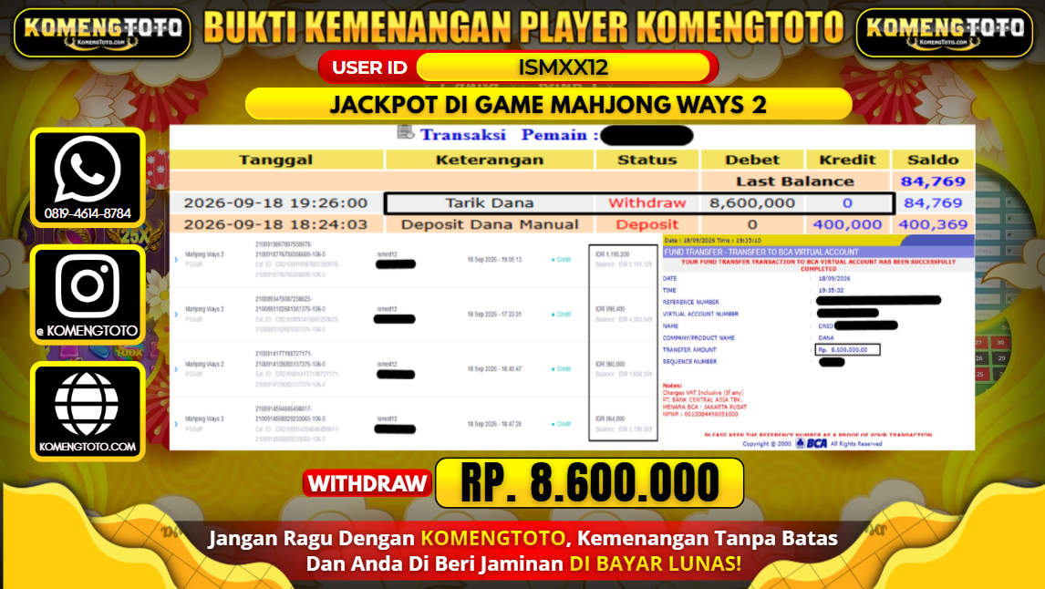 LAGI & LAGI!! KEMENANGAN BESAR DI SLOT MAHJONG WAYS 2  Rp. 8.600.000 KOMENGTOTO BAYAR LUNAS SECEPAT KILAT !! KOMENGTOTO BAYAR SECEPAT KILAT !!