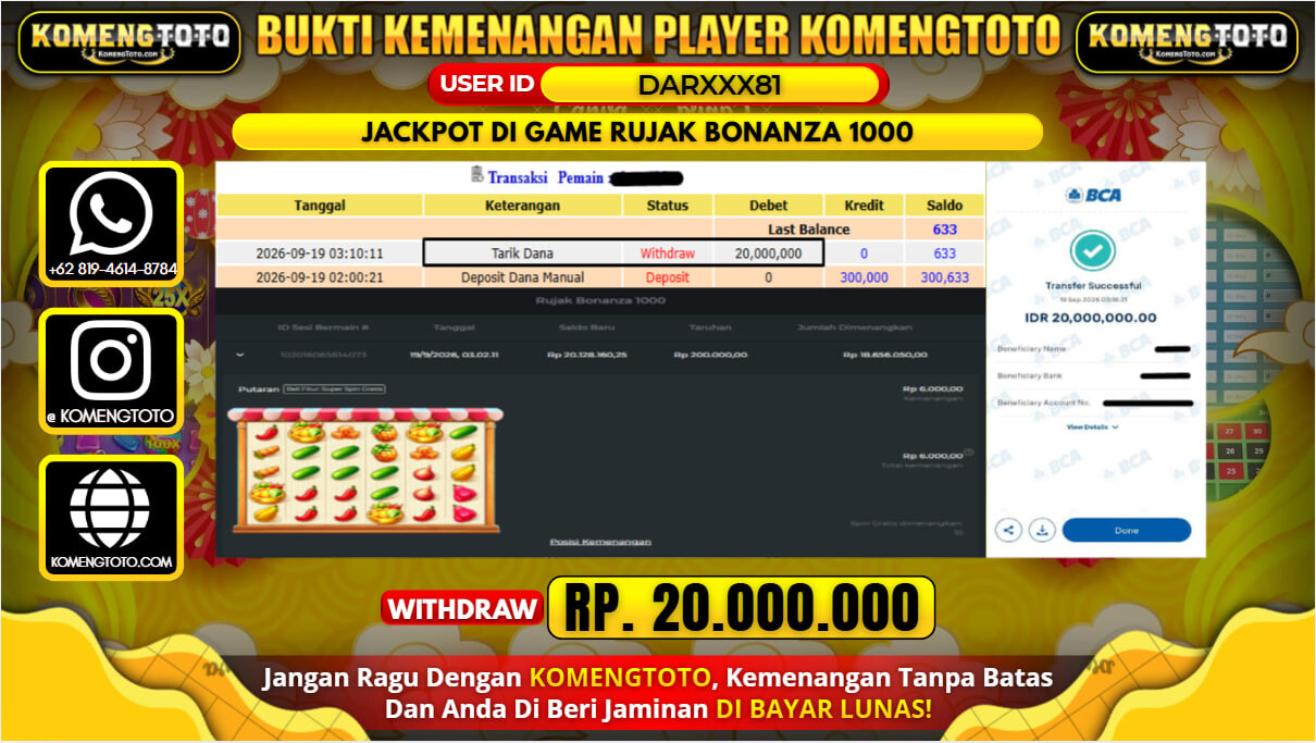 LAGI & LAGI!! KEMENANGAN BESAR DI SLOT RUJAK BONANZA 1000 Rp. 20.000.000 KOMENGTOTO BAYAR LUNAS SECEPAT KILAT !! KOMENGTOTO BAYAR SECEPAT KILAT !!
