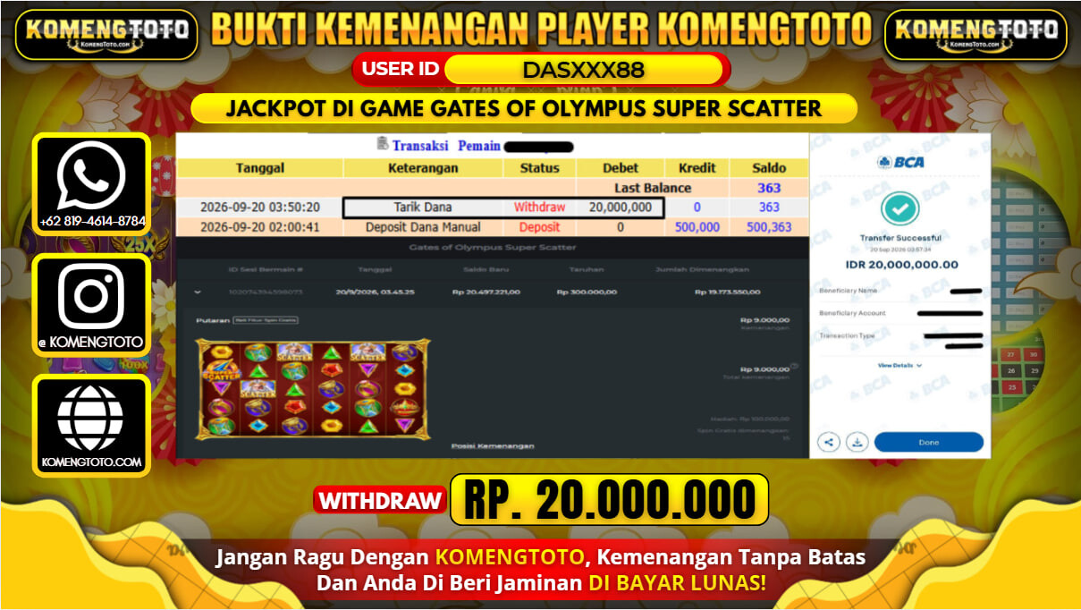 LAGI & LAGI!! KEMENANGAN BESAR DI SLOT  GATES OF OLYMPUS SUPER SCATTER Rp. 20.000.000 KOMENGTOTO BAYAR LUNAS SECEPAT KILAT !! KOMENGTOTO BAYAR SECEPAT KILAT !!