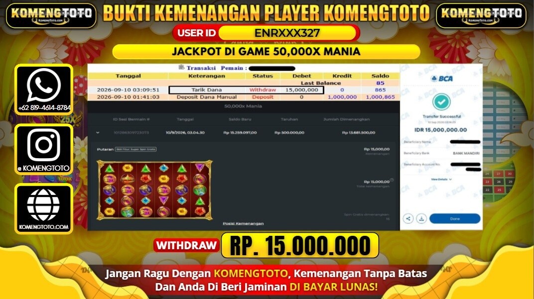 LAGI & LAGI!! KEMENANGAN BESAR DI SLOT 50,000X MANIA  Rp. 15.000.000 KOMENGTOTO BAYAR LUNAS SECEPAT KILAT !! KOMENGTOTO BAYAR SECEPAT KILAT !!