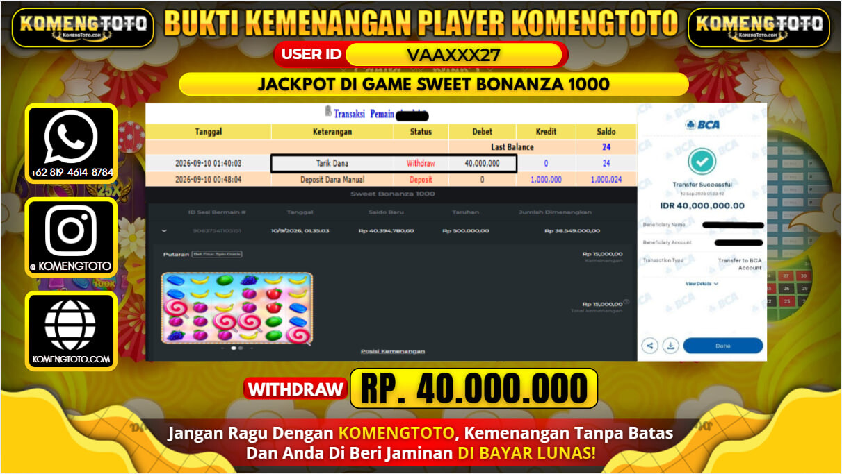 LAGI & LAGI!! KEMENANGAN BESAR DI SLOT  SWEET BONANZA 1000 Rp. 40.000.000 KOMENGTOTO BAYAR LUNAS SECEPAT KILAT !! KOMENGTOTO BAYAR SECEPAT KILAT !!