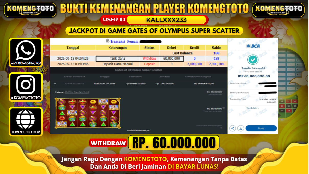LAGI & LAGI!! KEMENANGAN BESAR DI SLOT  GATES OF OLYMPUS SUPER SCATTER Rp. 60.000.000 KOMENGTOTO BAYAR LUNAS SECEPAT KILAT !! KOMENGTOTO BAYAR SECEPAT KILAT !!