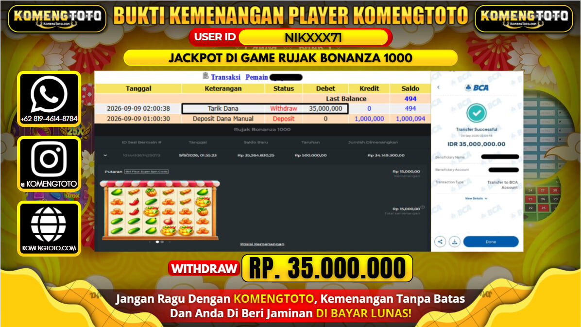 LAGI & LAGI!! KEMENANGAN BESAR DI SLOT  RUJAK BONANZA 1000  Rp. 35.000.000 KOMENGTOTO BAYAR LUNAS SECEPAT KILAT !! KOMENGTOTO BAYAR SECEPAT KILAT !!