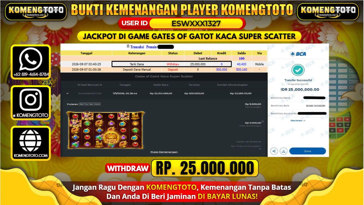 LAGI & LAGI!! KEMENANGAN BESAR DI SLOT GATES OF GATOT KACA SUPER SCATTER  Rp. 25.000.000 KOMENGTOTO BAYAR LUNAS SECEPAT KILAT !! KOMENGTOTO BAYAR SECEPAT KILAT !!