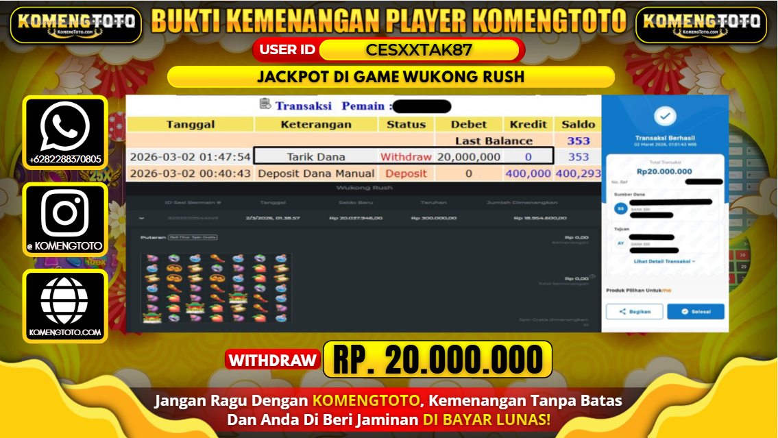LAGI & LAGI!! KEMENANGAN BESAR DI SLOT WUKONG RUSH SEBESAR Rp.20.000.000 KOMENGTOTO BAYAR LUNAS SECEPAT KILAT !! KOMENGTOTO BAYAR SECEPAT KILAT !!