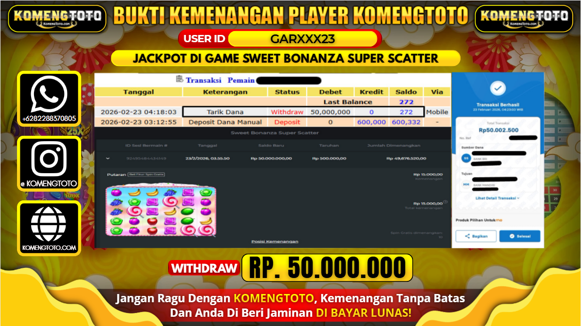 LAGI & LAGI!! KEMENANGAN BESAR DI SLOT  SWEET BONANZA SUPER SCATTER SEBESAR Rp. 50.000.000 KOMENGTOTO BAYAR LUNAS SECEPAT KILAT !! KOMENGTOTO BAYAR SECEPAT KILAT !!