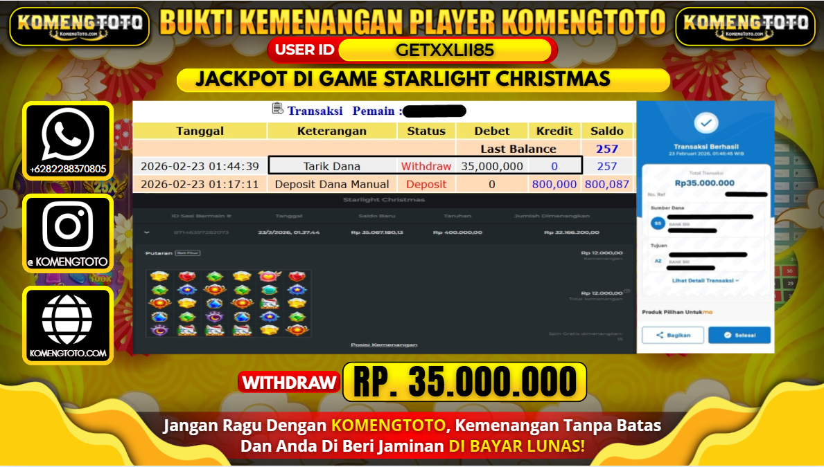 LAGI & LAGI!! KEMENANGAN BESAR DI SLOT STARLIGHT CHRISTMAS SEBESAR Rp.35.000.000 KOMENGTOTO BAYAR LUNAS SECEPAT KILAT !! KOMENGTOTO BAYAR SECEPAT KILAT !!