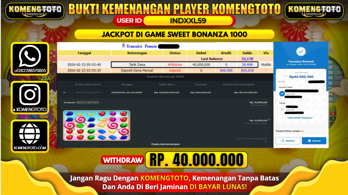 LAGI & LAGI!! KEMENANGAN BESAR DI SLOT  SWEET BONANZA 1000 SEBESAR Rp. 40.000.000 KOMENGTOTO BAYAR LUNAS SECEPAT KILAT !! KOMENGTOTO BAYAR SECEPAT KILAT !!