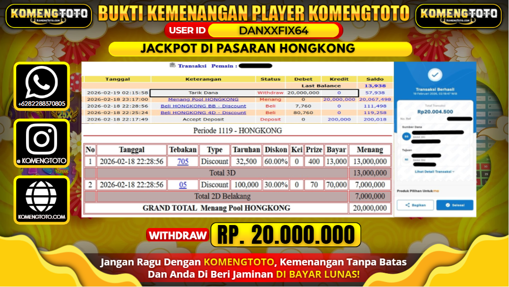 LAGI & LAGI!! KEMENANGAN BESAR DI PASARAN HONGKONG SEBESAR Rp.20.000.000 KOMENGTOTO BAYAR LUNAS SECEPAT KILAT !! KOMENGTOTO BAYAR SECEPAT KILAT !!