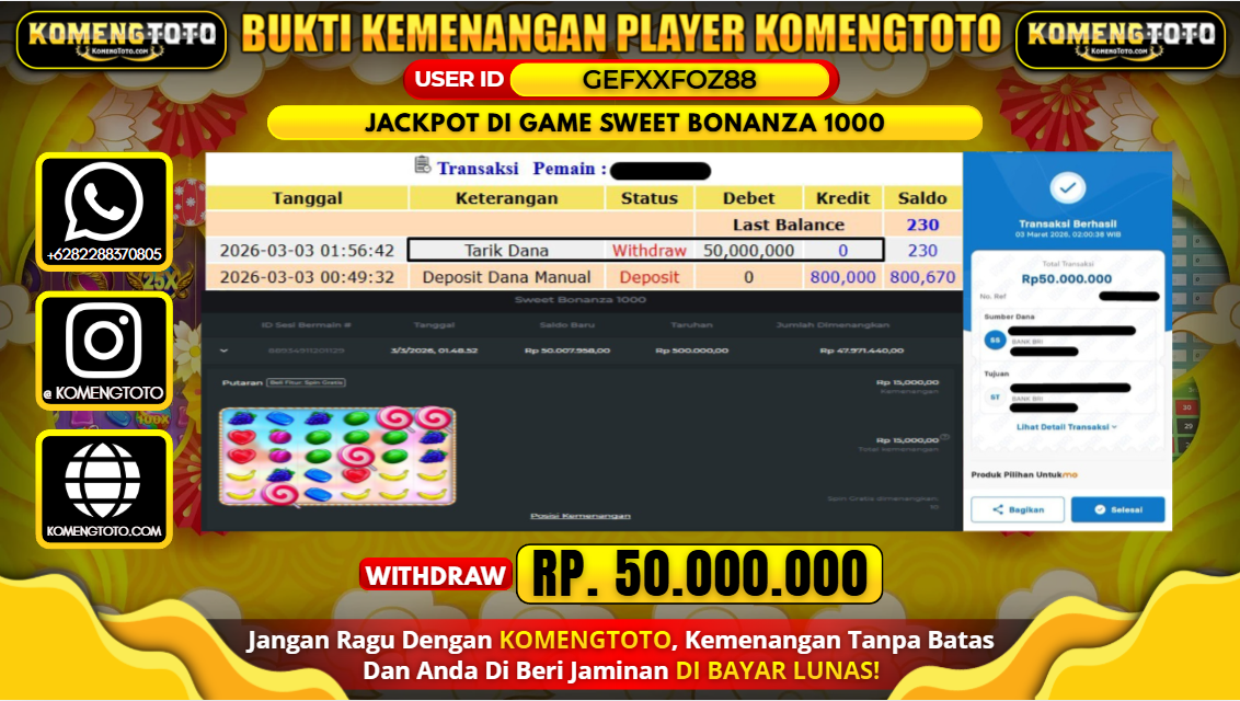 LAGI & LAGI!! KEMENANGAN BESAR DI SLOT SWEET BONANZA 1000 SEBESAR Rp.50.000.000 KOMENGTOTO BAYAR LUNAS SECEPAT KILAT !! KOMENGTOTO BAYAR SECEPAT KILAT !!