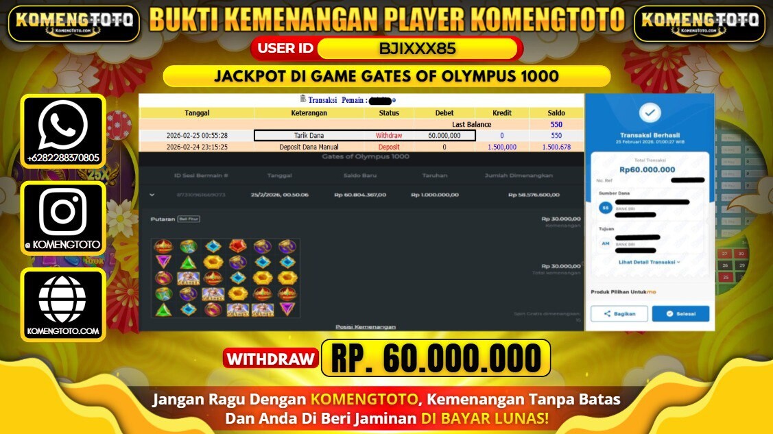 LAGI & LAGI!! KEMENANGAN BESAR DI SLOT  GATES OF OLYMPUS 1000 SEBESAR Rp.60.000.000 KOMENGTOTO BAYAR LUNAS SECEPAT KILAT !! KOMENGTOTO BAYAR SECEPAT KILAT !!