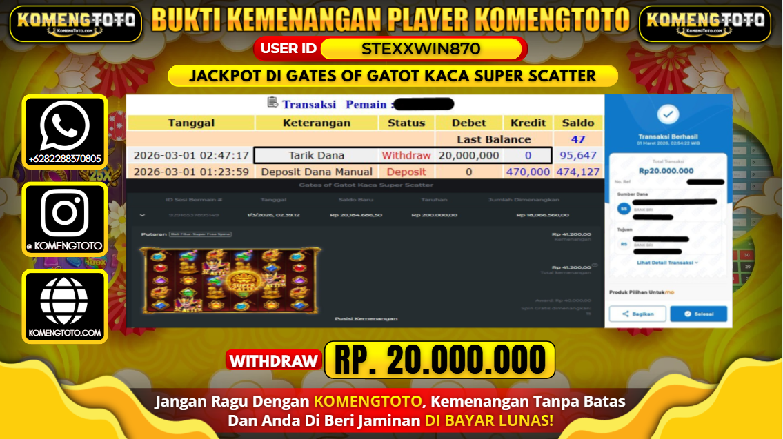 LAGI & LAGI!! KEMENANGAN BESAR DI SLOT GATES OF GATOT KACA SUPER SCATTER  SEBESAR Rp.20.000.000 KOMENGTOTO BAYAR LUNAS SECEPAT KILAT !! KOMENGTOTO BAYAR SECEPAT KILAT !!