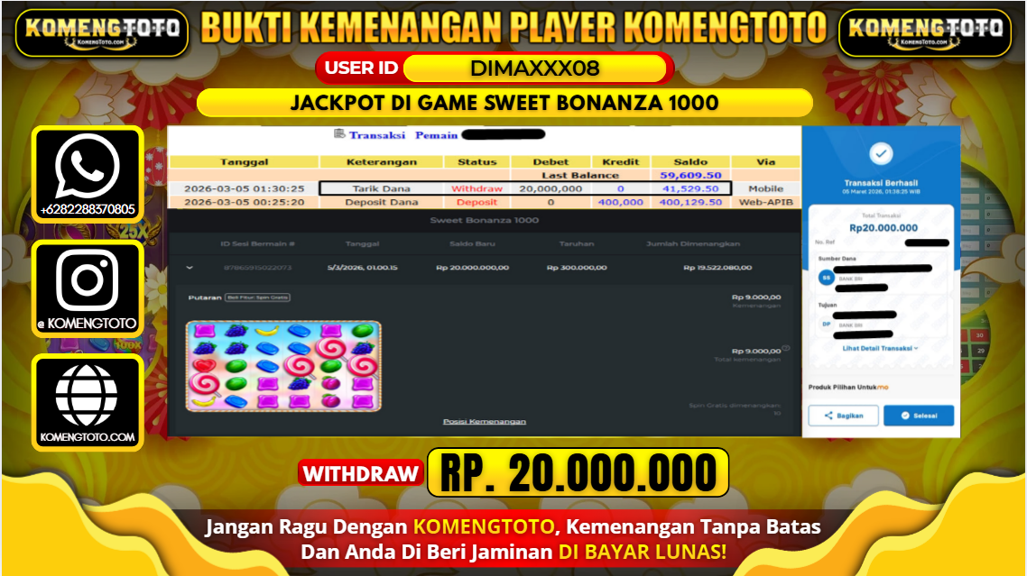 LAGI & LAGI!! KEMENANGAN BESAR DI SLOT SWEET BONANZA 1000 SEBESAR Rp. 20.000.000 KOMENGTOTO BAYAR LUNAS SECEPAT KILAT !! KOMENGTOTO BAYAR SECEPAT KILAT !!