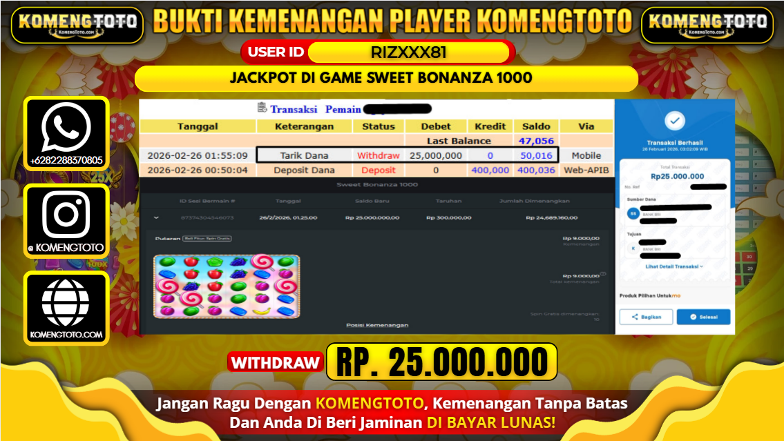 LAGI & LAGI!! KEMENANGAN BESAR DI SLOT  SWEET BONANZA 1000 SEBESAR Rp. 25.000.000 KOMENGTOTO BAYAR LUNAS SECEPAT KILAT !! KOMENGTOTO BAYAR SECEPAT KILAT !!