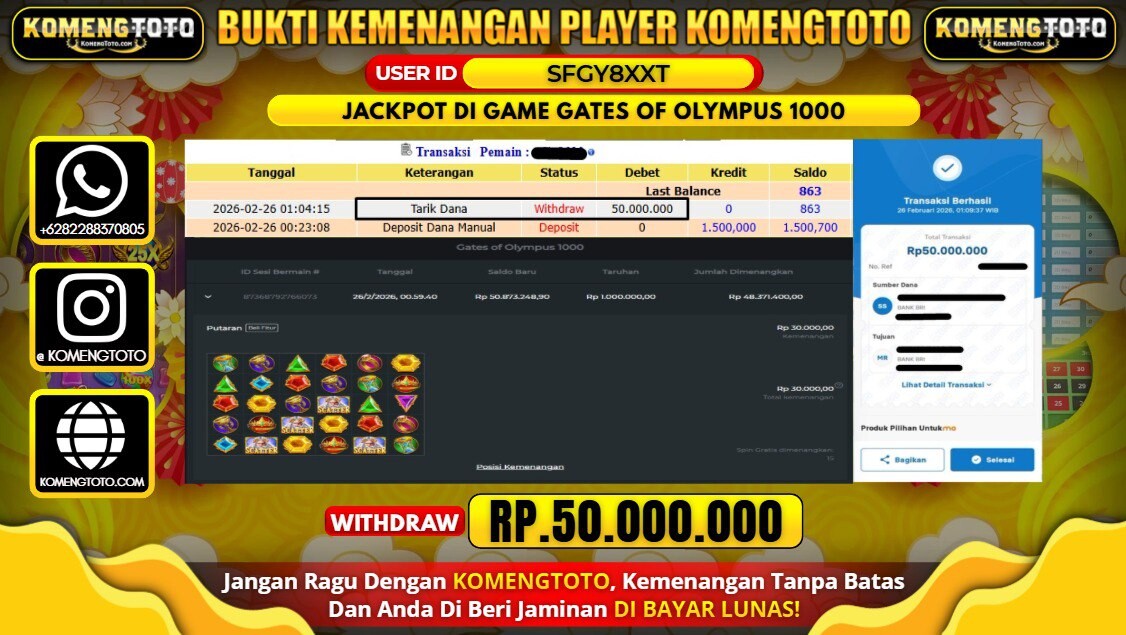 LAGI & LAGI!! KEMENANGAN BESAR DI SLOT  GATES OF OLYMPUS 1000 SEBESAR Rp.50.000.000 KOMENGTOTO BAYAR LUNAS SECEPAT KILAT !! KOMENGTOTO BAYAR SECEPAT KILAT !!