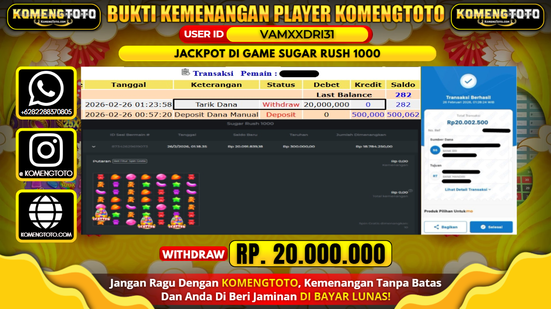 LAGI & LAGI!! KEMENANGAN BESAR DI SLOT SUGAR RUSH 1000 SEBESAR Rp.20.000.000 KOMENGTOTO BAYAR LUNAS SECEPAT KILAT !! KOMENGTOTO BAYAR SECEPAT KILAT !!