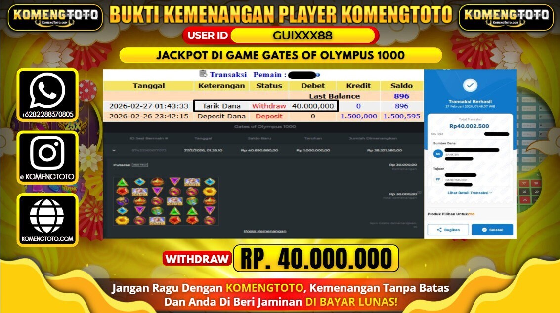 LAGI & LAGI!! KEMENANGAN BESAR DI SLOT  GATES OF OLYMPUS 1000 SEBESAR Rp.40.000.000 KOMENGTOTO BAYAR LUNAS SECEPAT KILAT !! KOMENGTOTO BAYAR SECEPAT KILAT !!