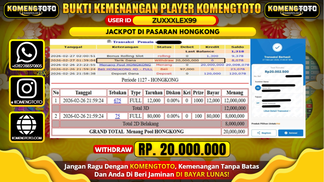 LAGI & LAGI!! KEMENANGAN BESAR DI PASARAN HONGKONG SEBESAR Rp.20.000.000 KOMENGTOTO BAYAR LUNAS SECEPAT KILAT !! KOMENGTOTO BAYAR SECEPAT KILAT !!