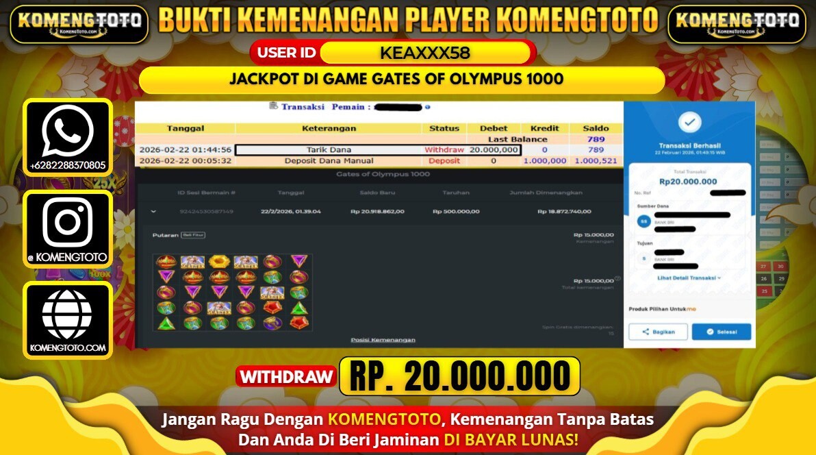 LAGI & LAGI!! KEMENANGAN BESAR DI SLOT  GATES OF OLYMPUS 1000 SEBESAR Rp.20.000.000 KOMENGTOTO BAYAR LUNAS SECEPAT KILAT !! KOMENGTOTO BAYAR SECEPAT KILAT !!