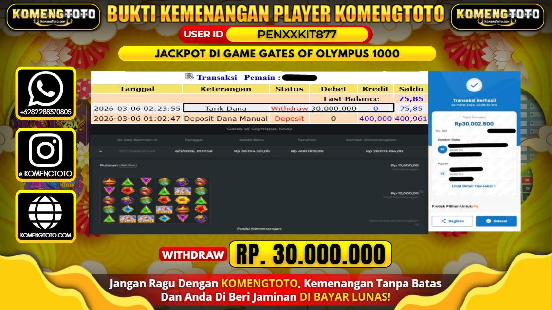 LAGI & LAGI!! KEMENANGAN BESAR DI SLOT GATES OF OLYMPUS 1000 SEBESAR Rp.30.000.000 KOMENGTOTO BAYAR LUNAS SECEPAT KILAT !! KOMENGTOTO BAYAR SECEPAT KILAT !!