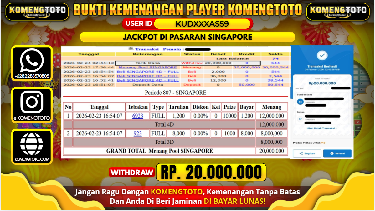 LAGI & LAGI!! KEMENANGAN BESAR DI PASARAN SINGAPORE SEBESAR Rp.20.000.000 KOMENGTOTO BAYAR LUNAS SECEPAT KILAT !! KOMENGTOTO BAYAR SECEPAT KILAT !!