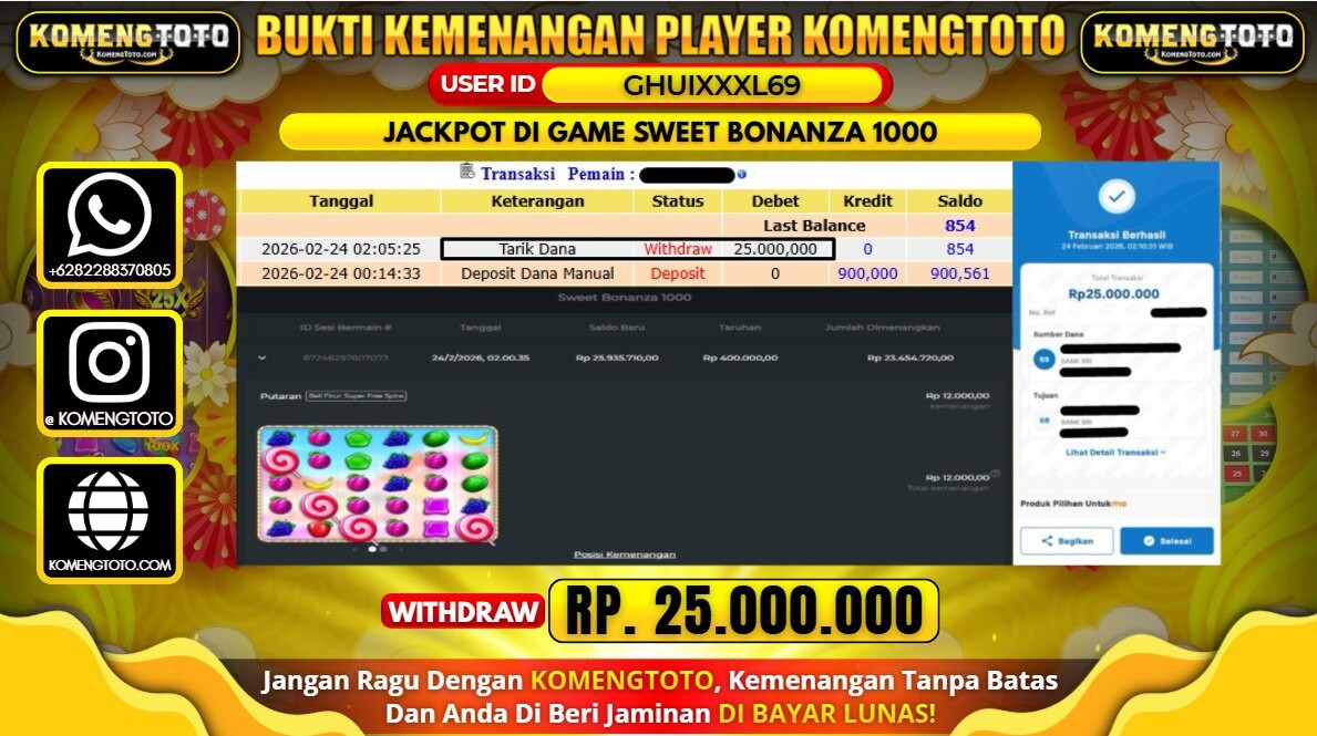LAGI & LAGI!! KEMENANGAN BESAR DI SLOT  SWEET BONANZA 1000 SEBESAR Rp. 25.000.000 KOMENGTOTO BAYAR LUNAS SECEPAT KILAT !! KOMENGTOTO BAYAR SECEPAT KILAT !!