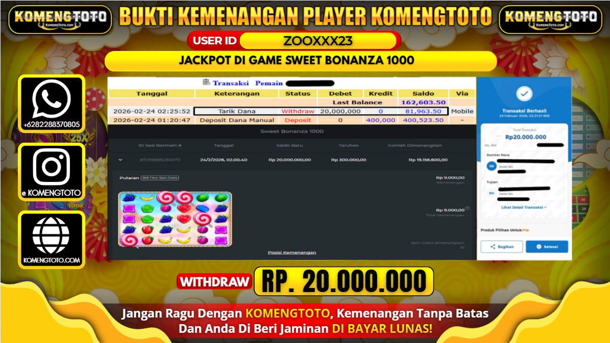 LAGI & LAGI!! KEMENANGAN BESAR DI SLOT  SWEET BONANZA 1000 SEBESAR Rp. 20.000.000 KOMENGTOTO BAYAR LUNAS SECEPAT KILAT !! KOMENGTOTO BAYAR SECEPAT KILAT !!
