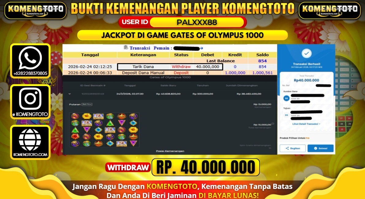 LAGI & LAGI!! KEMENANGAN BESAR DI SLOT  GATES OF OLYMPUS 1000 SEBESAR Rp.40.000.000 KOMENGTOTO BAYAR LUNAS SECEPAT KILAT !! KOMENGTOTO BAYAR SECEPAT KILAT !!