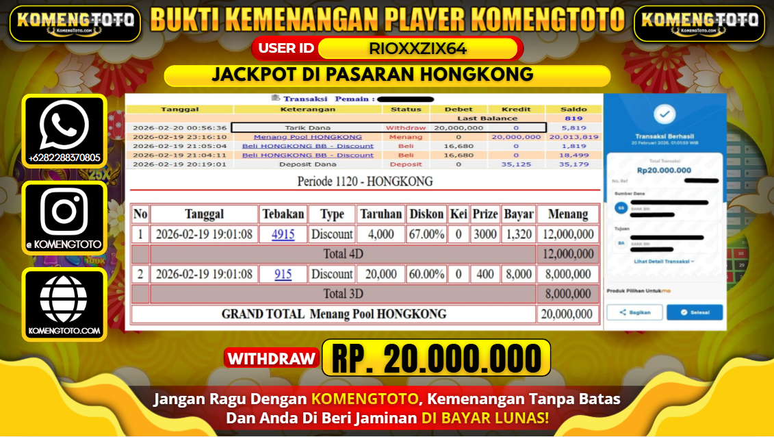 LAGI & LAGI!! KEMENANGAN BESAR DI PASARAN HONGKONG SEBESAR Rp.20.000.000 KOMENGTOTO BAYAR LUNAS SECEPAT KILAT !! KOMENGTOTO BAYAR SECEPAT KILAT !!