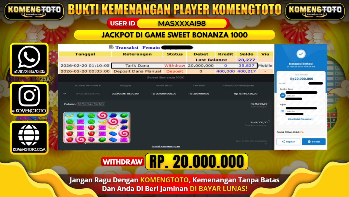 LAGI & LAGI!! KEMENANGAN BESAR DI SLOT SWEET BONANZA 1000 SEBESAR Rp. 20.000.000 KOMENGTOTO BAYAR LUNAS SECEPAT KILAT !! KOMENGTOTO BAYAR SECEPAT KILAT !!