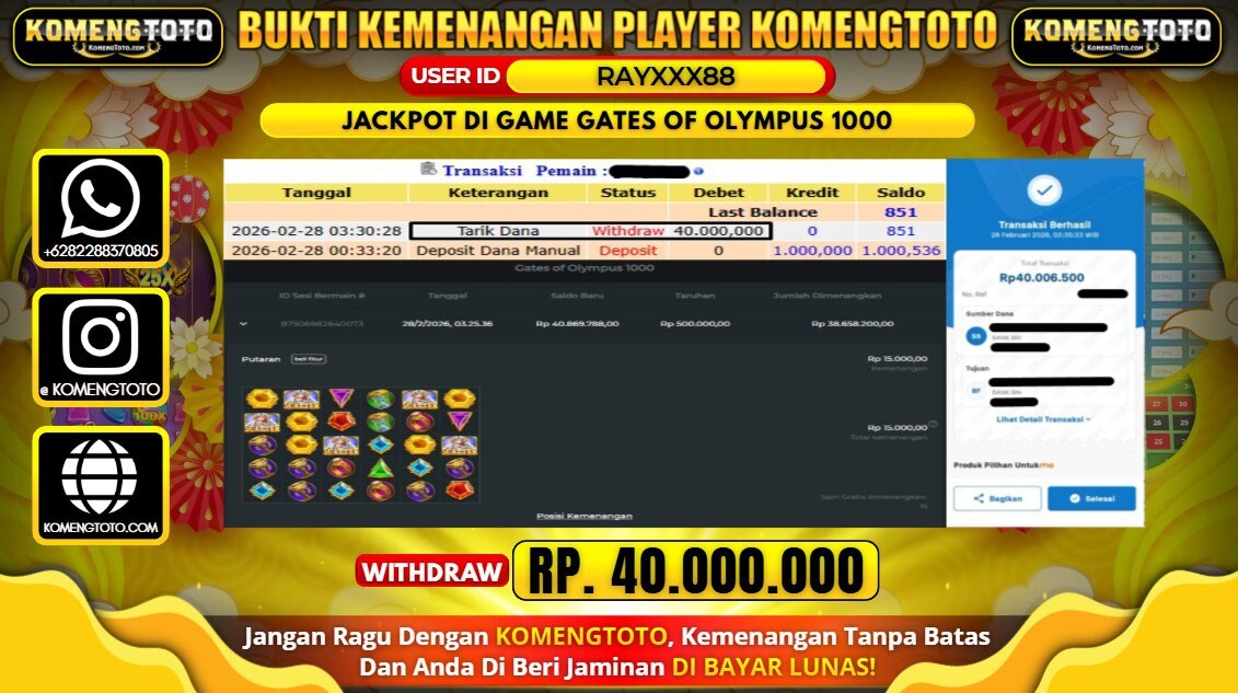 LAGI & LAGI!! KEMENANGAN BESAR DI SLOT  GATES OF OLYMPUS 1000 SEBESAR Rp.40.000.000 KOMENGTOTO BAYAR LUNAS SECEPAT KILAT !! KOMENGTOTO BAYAR SECEPAT KILAT !!