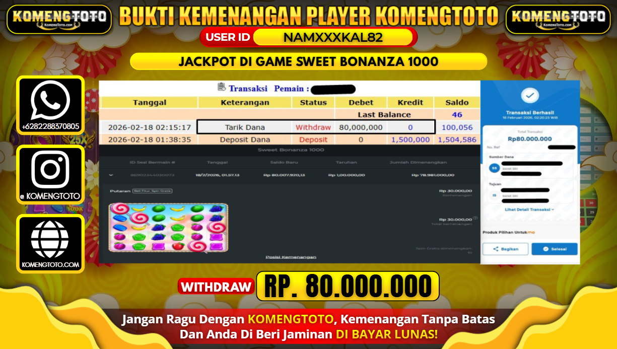 LAGI & LAGI!! KEMENANGAN BESAR DI SLOT  GAME SWEET BONANZA 1000 SEBESAR Rp.80.000.000 KOMENGTOTO BAYAR LUNAS SECEPAT KILAT !! KOMENGTOTO BAYAR SECEPAT KILAT !!